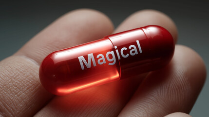 A hand holding glowing single capsule with white "Magical" text on it

