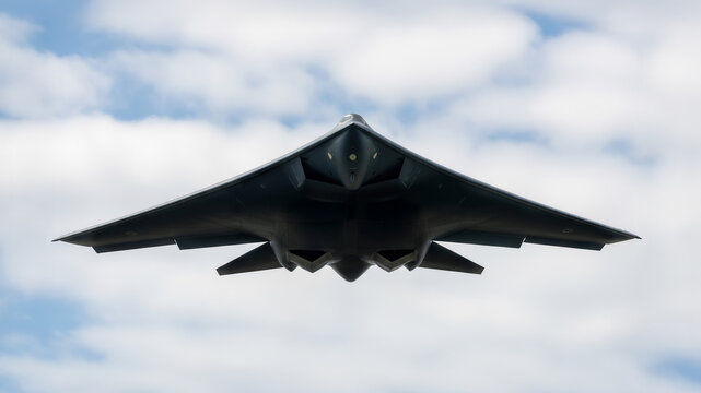 B-2 Spirit stealth bomber viewed from below while flying through a cloudy sky, showcasing advanced military aviation and stealth design. - Powered by Adobe