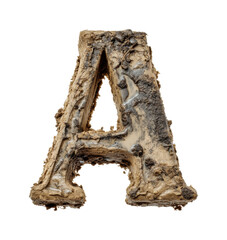 Artistic representation of letter a in muddy texture creative isolated on transparent background, png
