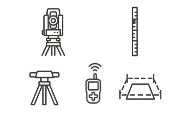 Surveying icons set. Geodesy and cartography equipment. Land survey, engineering, and topography tools. Theodolite, GPS, tripod, leveling rod vector line symbols.