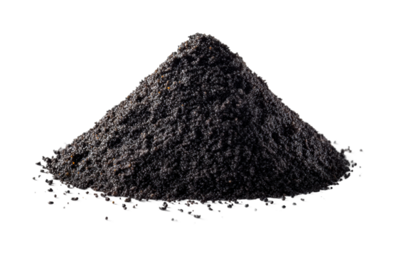 Black powder substance high-resolution view isolated on transparent background, png