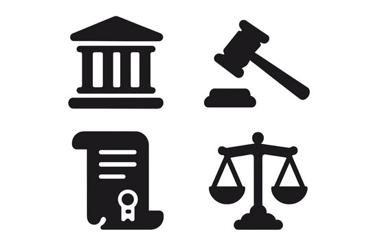 Law and justice solid glyph icon set. Vector symbols of courthouse, judge gavel, legal document, and scales. Government, legislation, court, crime, and auction concepts.