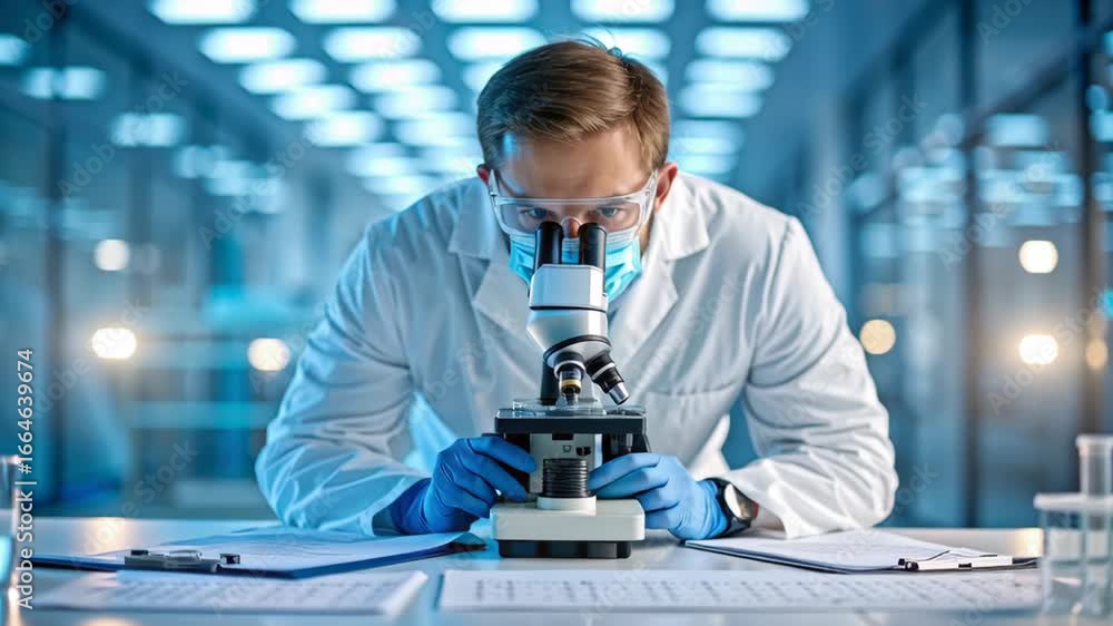 Poster scientist modern laboratory focuses research, examining sample microscope with precision and protect