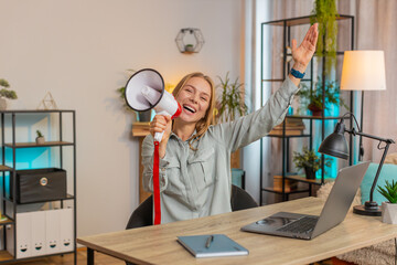 Caucasian businesswoman talking with megaphone, proclaiming news, loudly announcing advertisement,...