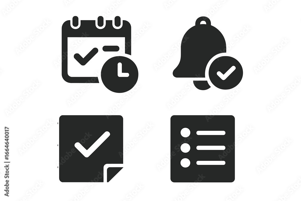 Poster task management solid glyph icon set. project planning and productivity symbols. vector icons for sc