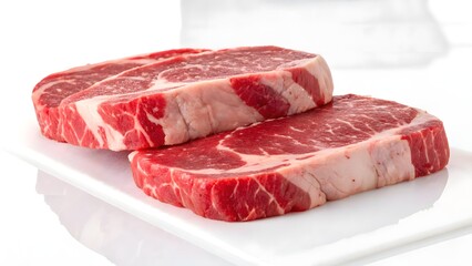Obraz premium Three raw beef steaks on a white plate