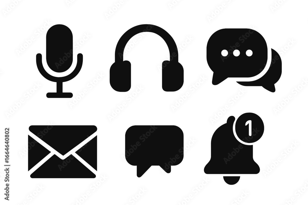 Poster communication icons set in solid glyph style. vector symbols for web and mobile apps. microphone, he