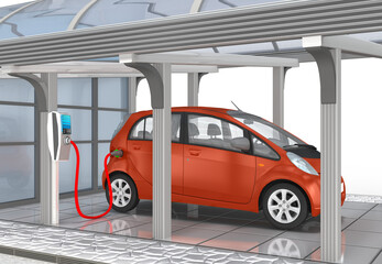 3d Carport mit roten Elektroauto, Kleinwagen beim Laden an der Wallbox, auf transparenten Hintergrund , freigestellt