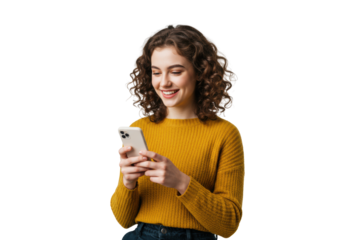 Young caucasian woman, curly brown hair, cheerful smile, knitwear, interacting with smartphone in pristine studio with copy space, concept of effortless digital interaction