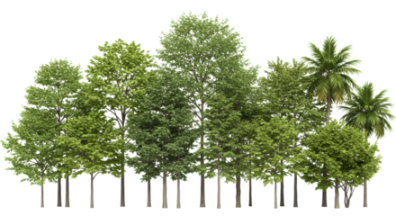 Meticulously arranged vibrant green maple, oak, conifer, and tropical palm trees, pristine, against pure shadowless white studio background. Concept of environmental responsibility and sustainable