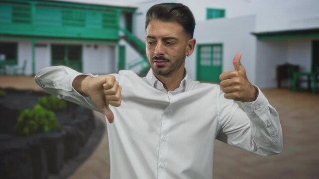 Man displays thumbs up and thumbs down gesture in front of green building facade during outdoor shoot; indecision.