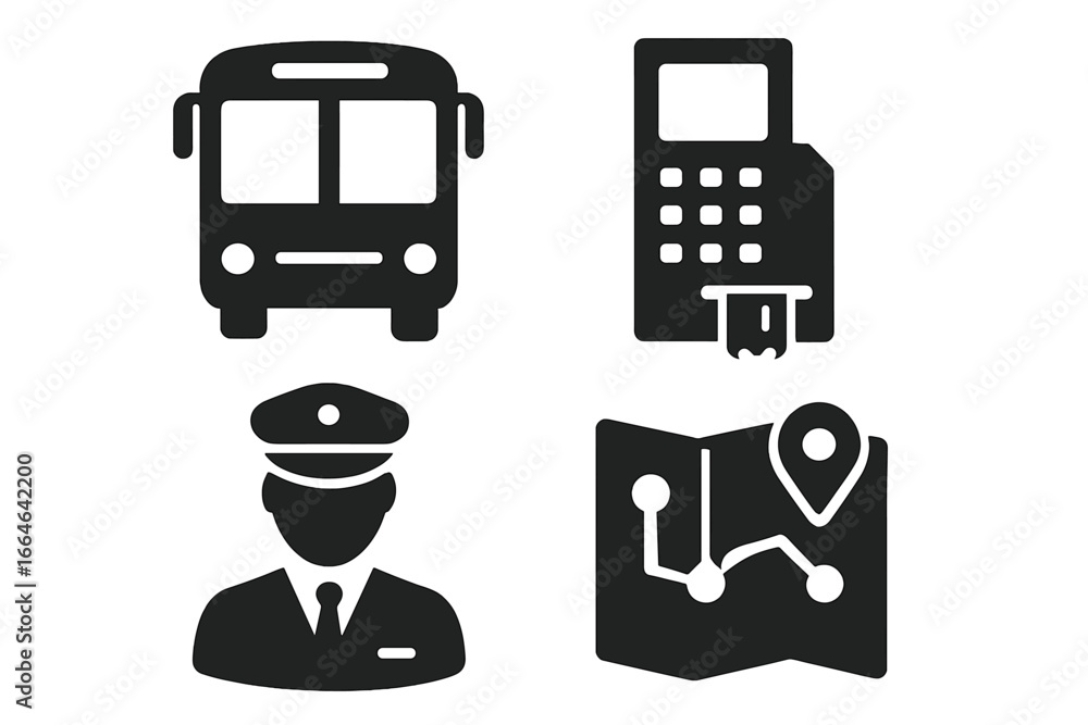 Poster public transport solid icons set. city bus front view, ticket machine, bus driver character, and nav