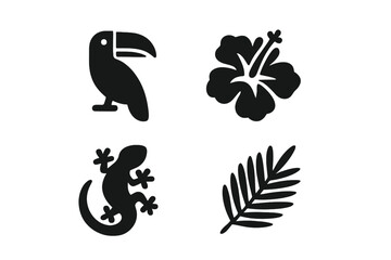 Tropical flora and fauna icon set. Solid glyph symbols collection. Vector illustration of exotic jungle wildlife and nature elements. Toucan bird, hibiscus flower, gecko lizard, palm leaf.