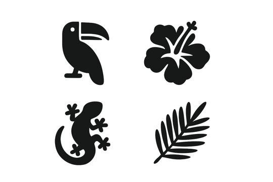 Tropical flora and fauna icon set. Solid glyph symbols collection. Vector illustration of exotic jungle wildlife and nature elements. Toucan bird, hibiscus flower, gecko lizard, palm leaf.
