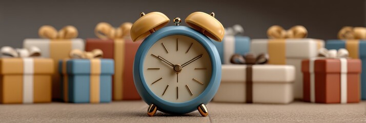 Gifts and an alarm clock signal a moment of anticipation during festive celebrations in a cozy indoor setting