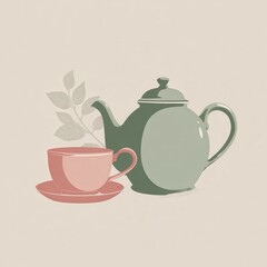 tea pot and cup vector icon, dusty rose and sage tone, transparent background