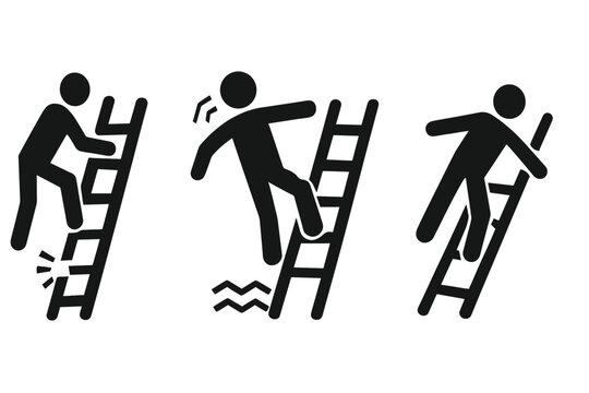 Unsafe ladder icons. Pictogram set of workplace hazards. Man falling from broken rung, slipping on wet step, overreaching. Health and safety, accident risk, danger warning.