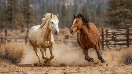Horses galloping joyfully through a dusty field in a natural landscape