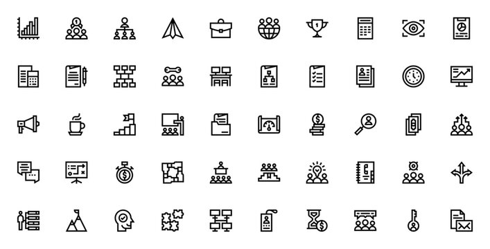 Team Management icon set. Business vector icons pack. Includes symbols for teamwork, leader, strategy, performance, goals, meeting, report, and more. Editable vector illustration.