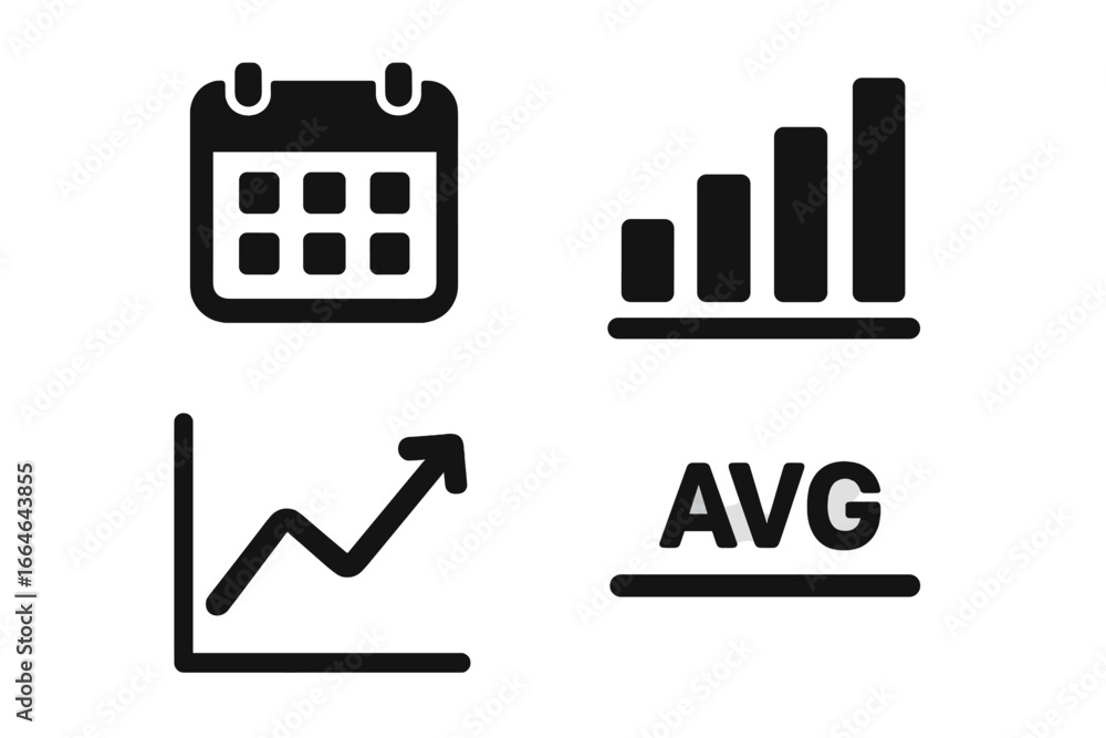Poster monthly data analytics solid icon set. usage tracker with calendar, growth bar chart, trend arrow gr