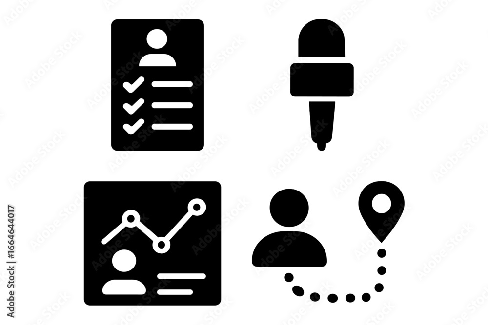 Poster user research solid icon set. ux ui data survey form, interview microphone, analytics graph, and cus