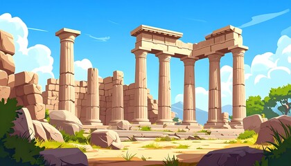 Ancient Ruins, Sunny Landscape, Cartoon Style, Stone Pillars, Architecture.