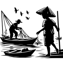 Fototapeta premium Child Playing in Boat Beside Fisherman