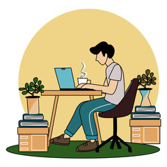 Man Sitting Desk With Laptop