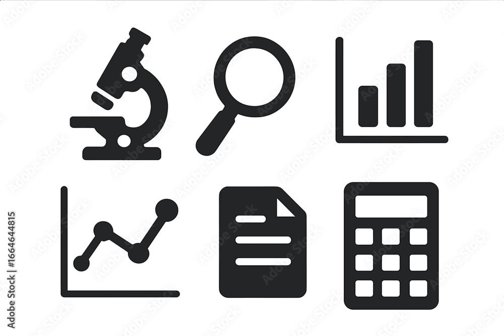Poster solid glyph icon set for research and data analysis. includes microscope, magnifying glass, bar and 
