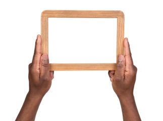 Man holding a small blank board, isolated on white or transparent background