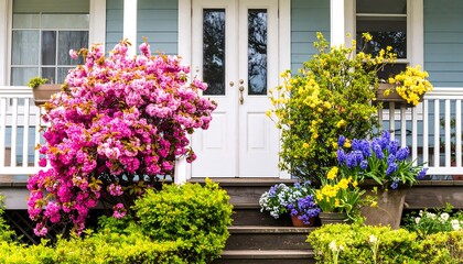 Fototapeta premium Vibrant spring blooms cascade down a light blue porch, showcasing a variety of colorful flowers in decorative planters.