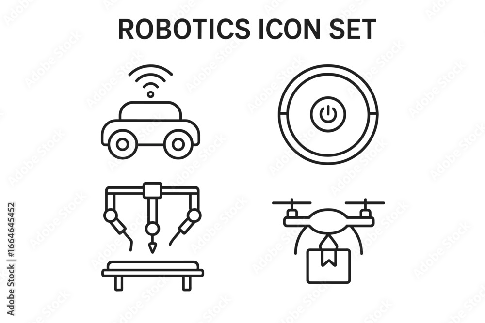 Poster robotics and automation technology line icon set. vector symbols for autonomous car, robotic vacuum 