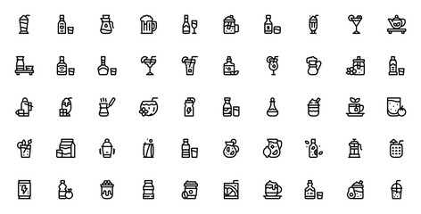 Beverages icon set. Vector drink collection. Includes vodka, beer, champagne, smoothie, cocktail, coffee, tea, juice and more. Editable line icons.