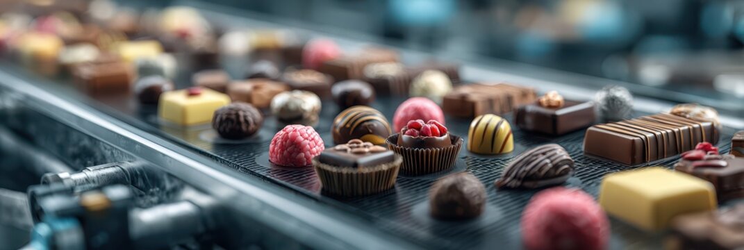 Chocolate sweets and confections on a production line in a factory during the daytime