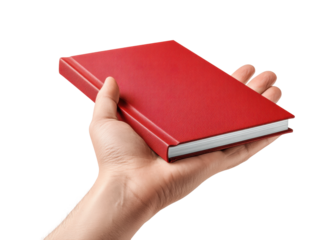 Hand holding a red book home office minimalist view isolated on transparent background, png
