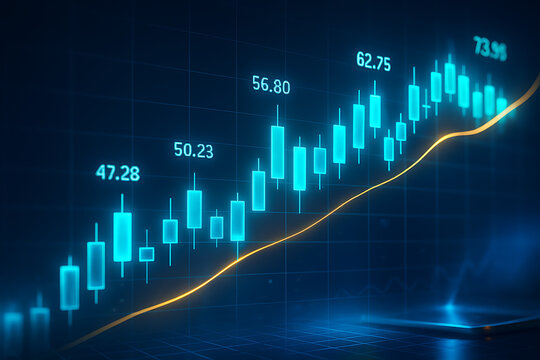 abstract financial chart with glowing candlestick bars and a rising line graph in a dark blue environment digital trading and investment concept