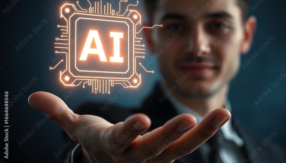 Aufkleber man presenting orange glowing ai chip symbol with circuit lines in his palm artificial intelligence
