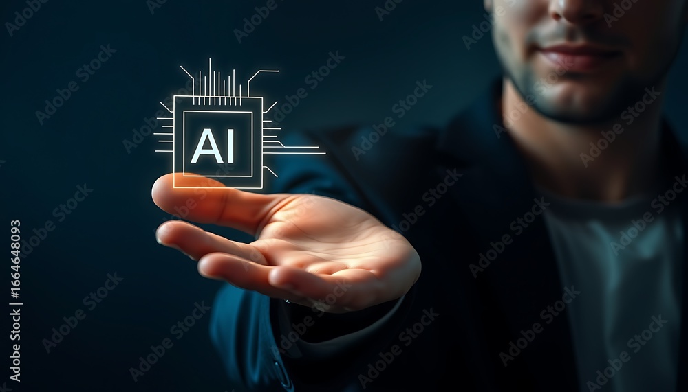 Poster man holding glowing ai chip symbol in his open palm against dark blue background artificial intellig