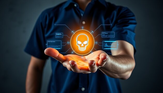 Man holding holographic skull icon with data charts and glowing orange light hand palm