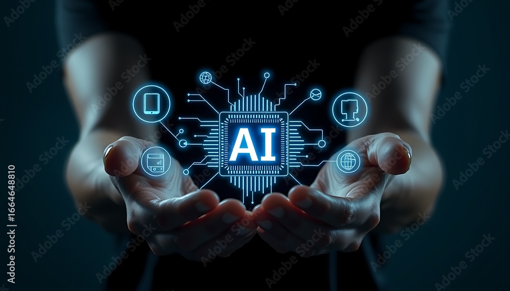 Aufkleber hands presenting ai chip with digital network and technology icons artificial intelligence circuit