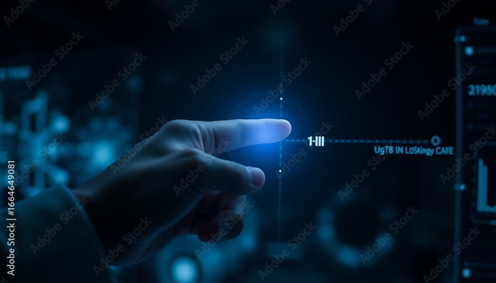 Poster hand interacting with digital timeline interface showing data and text technology futuristic
