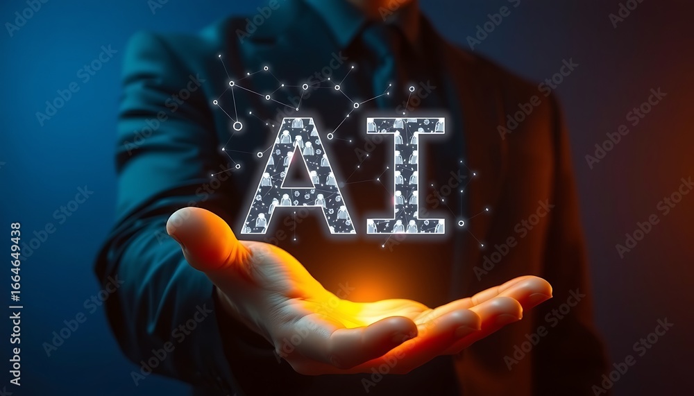 Aufkleber man holding ai text composed of people icons and network connections artificial intelligence technol
