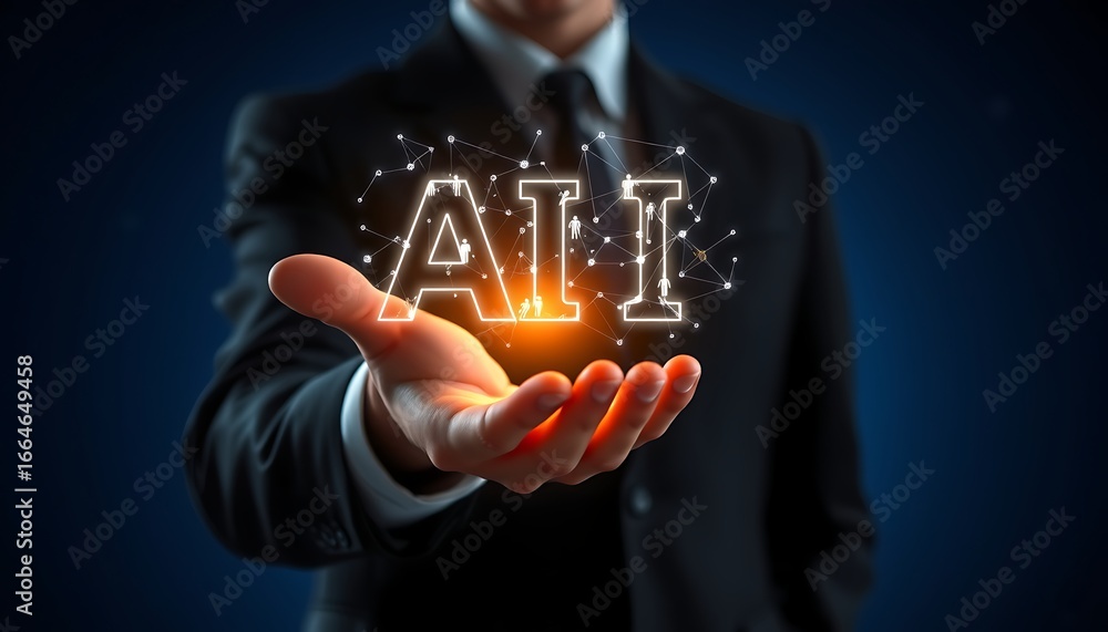 Poster businessman presenting ai concept with glowing network and abstract connections artificial intellige