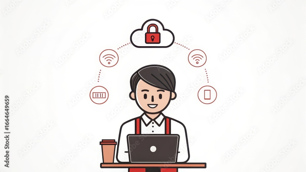 Poster digital nomad security tools illustration of a person working on a laptop with symbols of connectivi