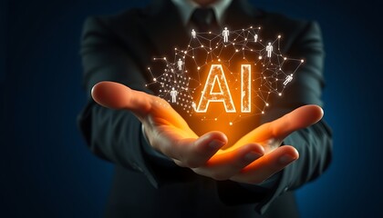 Businessman showcasing AI with interconnected human network artificial intelligence technology