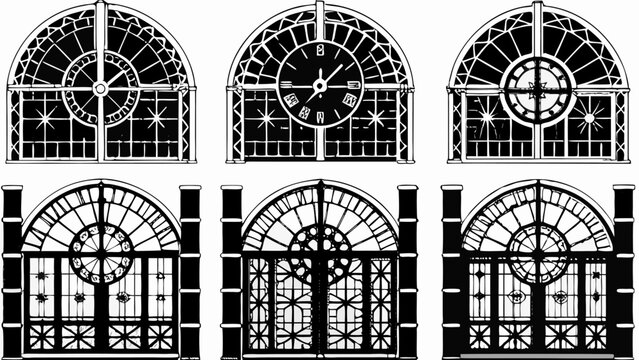 Illustration of six arched windows with intricate designs and clock faces in black and white style art silhouette