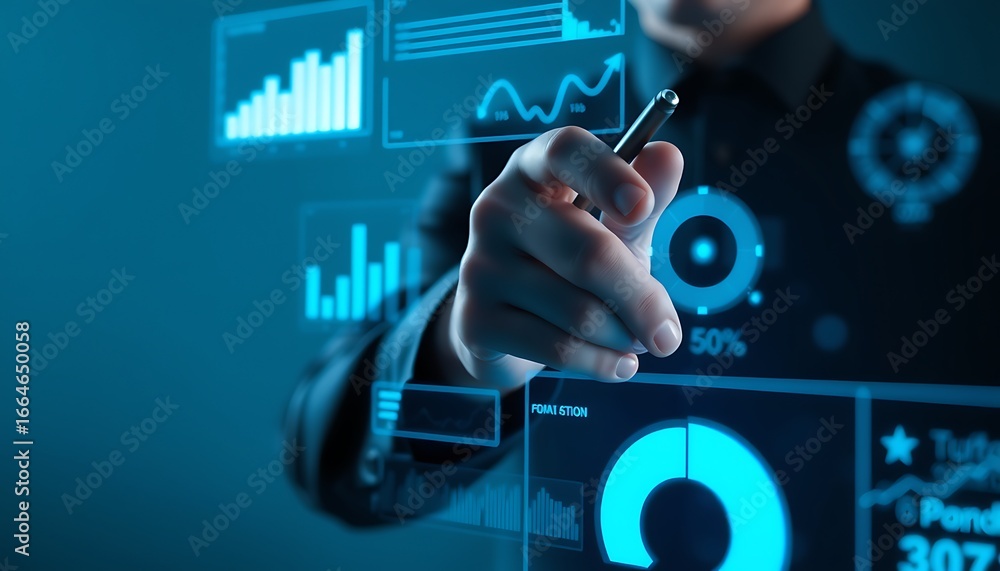 Aufkleber man pointing at a glowing blue futuristic data visualization interface image photo