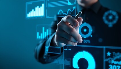 Man pointing at a glowing blue futuristic data visualization interface image photo