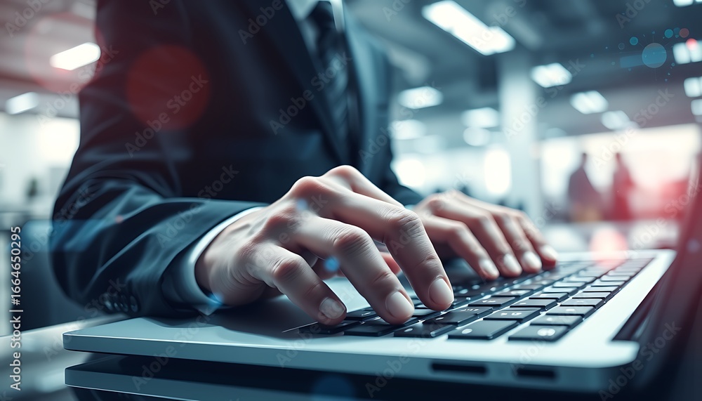 Fototapete close-up of hands typing on laptop with glowing digital elements and bokeh computer keyboard
