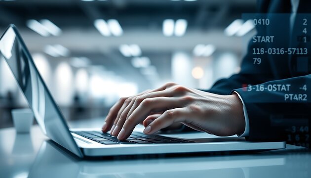 Person using laptop with financial data overlay and blurred background typing hands